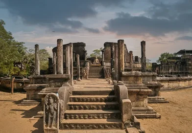 The historic stone ruins and pillars of the Vatadage in Polonnaruwa Ancient City, a UNESCO World Heritage Site in Sri Lanka.