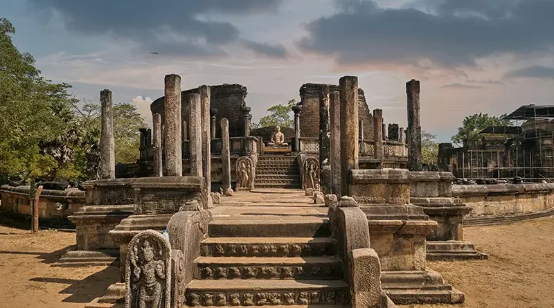 The historic stone ruins and pillars of the Vatadage in Polonnaruwa Ancient City, a UNESCO World Heritage Site in Sri Lanka.