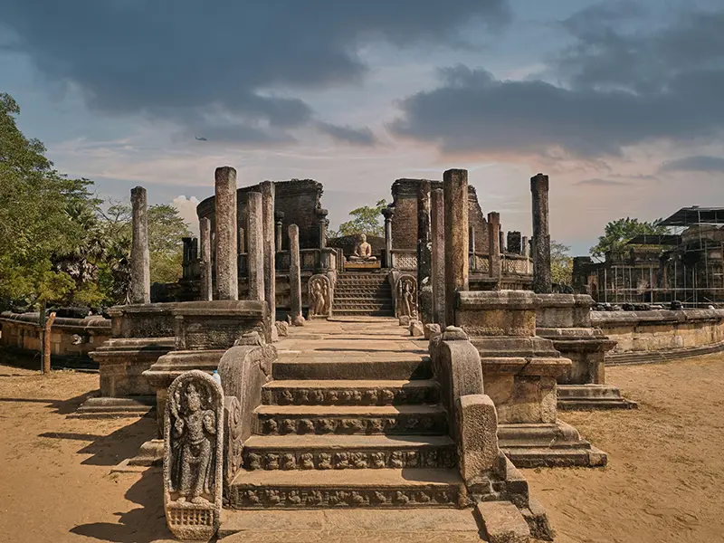 The historic stone ruins and pillars of the Vatadage in Polonnaruwa Ancient City, a UNESCO World Heritage Site in Sri Lanka.