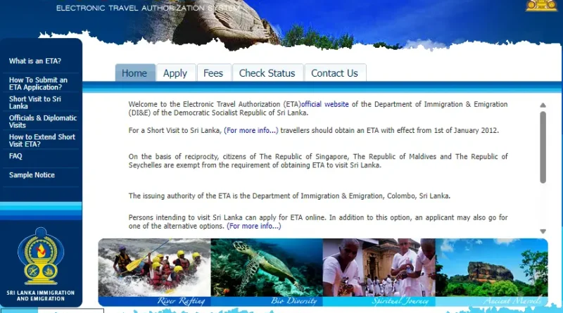 Screenshot of the official Sri Lanka Electronic Travel Authorization (ETA) system website, detailing Sri Lanka Visa Requirements 2025 for visitors.