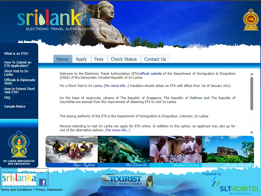 Screenshot of the official Sri Lanka Electronic Travel Authorization (ETA) system website, detailing Sri Lanka Visa Requirements 2025 for visitors.